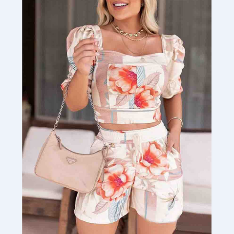 Casual Printed Puff Sleeve Two-piece Shorts