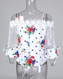 Printed Mesh Splicing Lace Top