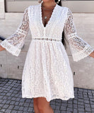 V-Neck Solid Color Lace Panel Loose Long Sleeve Dress