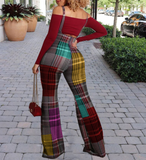 Sexy Wrapped Check Long Sleeve Printed Jumpsuit Two-Piece Set