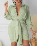 Women'S Solid Color Fashion Casual V-Neck Long-Sleeved Dress