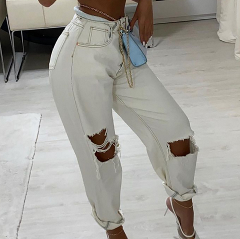 Solid Color White Ripped Jeans