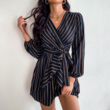 Women's Striped Loose Black Long Sleeve Dress