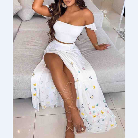 Casual Printed One-Shoulder Two-Piece Set