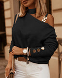 Slanted Shoulder Chain Decorated Long Sleeve Tops