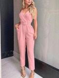 Women'S Solid Color V-Neck Casual Sexy Jumpsuit