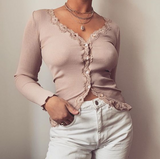 Slim Solid Color Lace Long Sleeve Shirt
