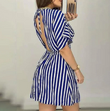 Deep V-Neck Short-Sleeved Striped Sexy Dress