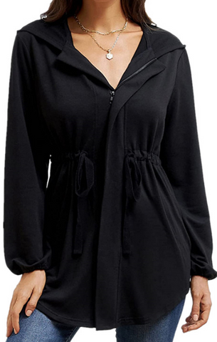 Women's Solid Color Casual Zipper Loose Hooded Cardigan Tops