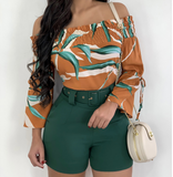 Long Sleeved Printed Off Shoulder Two Piece Dress