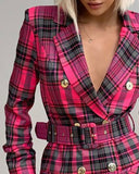 Rose Red Plaid Long Sleeve Slim Dress