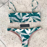 Seagreen Leaf Print Bandeau Swimsuit