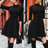 Solid Color Round Neck Slim Long Sleeve Dress