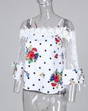 Printed Mesh Splicing Lace Top