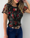 Casual Women's Floral Embroidered Ruffle Sleeve Top