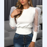 Sweet Women Pearl Round Neck Bubble-Sleeved Shirt Lace Blouse