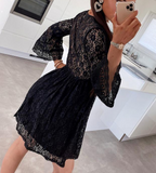 V-Neck Solid Color Lace Panel Loose Long Sleeve Dress