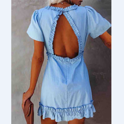 Sexy Blue Short Sleeve Backless Dress