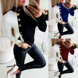 Solid Color Fashion Sexy Color Matching Button Long-Sleeved T-Shirt