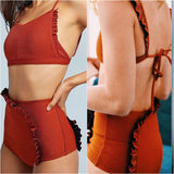 Solid Color Irregular Flounces High Waist Bikini Swimwear