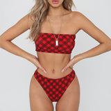 Fashion Women Sexy Red Plaid Print Strapless Backless Two Piece Bikini Swimwear Bathing