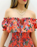 Short Sleeve Floral Print Off Shoulder High Waist Mini Dress