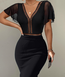 Solid Color Lace Stitching Black Short Sleeve Dress