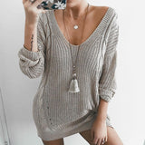 Women'S V-Neck Long-Sleeved Knit Grey Sweater