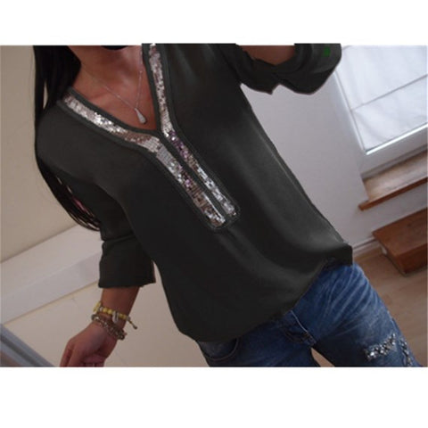 Casual Women's Solid Color V-neck Long Sleeve T-Shirt