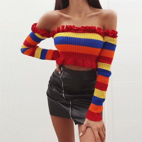Women'S Sexy Vest Striped Long-Sleeved One-Shoulder Shirt