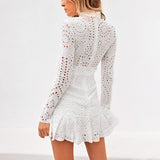 Long Sleeve Embroidered Ruffled White Dress