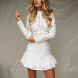 Long Sleeve Embroidered Ruffled White Dress