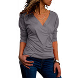 Solid Color V-Neck Long Sleeve Slim T-Shirt