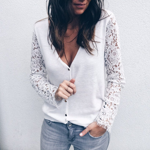 Women'S V-Neck Lace Long-Sleeved Button T-Shirt