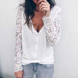 Women'S V-Neck Lace Long-Sleeved Button T-Shirt
