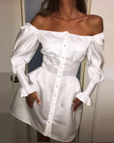 White Puff Sleeve Off-Shoulder Long Sleeve Dress