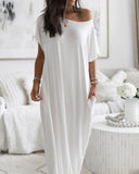 Loose Elegant Off-The-Shoulder Short-Sleeved Printed Dress