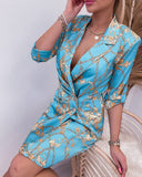 Vintage Women Blue Print Dress