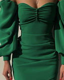 Green Puff Sleeve Skinny Long Sleeve Wrap Dress