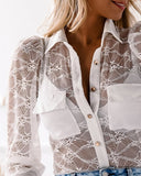 White Sexy Lace Long Sleeve Solid Color Shirt