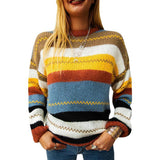 Women'S Striped Stitching Round Neck Long-Sleeved Sweater