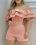 Pink One-Shoulder Ruffled Skinny Jumpsuit