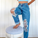 Casual High Waist Hole Denim Pants