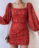 Women's V-neck Open Back Print Long Sleeve Dress