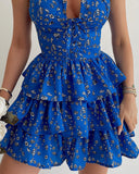 Blue Floral Casual V-Neck Sling Sleeveless Dress