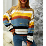 Women'S Striped Stitching Round Neck Long-Sleeved Sweater