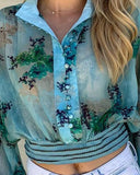 Sexy Blue Printed Long Sleeve Shirt