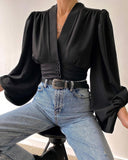 Fashion V-Neck Buttoned Long Sleeve Shirt Top