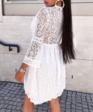 V-Neck Solid Color Lace Panel Loose Long Sleeve Dress