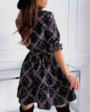 Women's V-Neck Black Long Sleeve Print Dress
